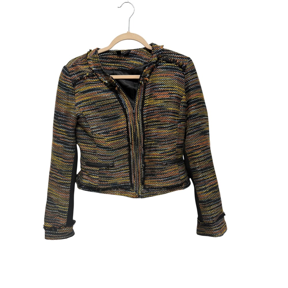 Greylin Women's Small Multicolor Tweed Moto Jacket Fringe Cropped Blazer